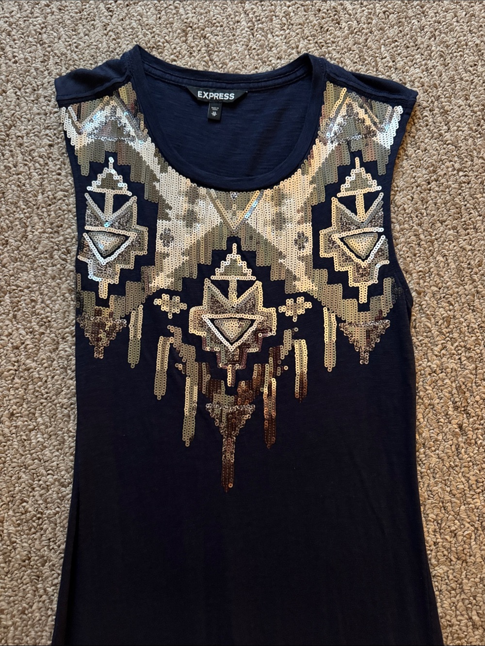 Express Navy Tank with Gold & Silver Sequin Tribal Embellishment